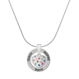 Delight Jewelry Silvertone White Resin Heart with Spring Crystals - Silvertone Teach Inspire Guide Message Ring Necklace, 18"