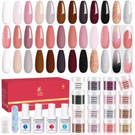 Lavender Violets 22 Pcs Dip Powder Nail Kit Starter - 16 Colors Nude Pinkish Brown Skin Tone Dipping Powder Liquid Set with Base Top Coat, Activator, Brush Saver, Nail Buffer and Powder Brush M960B