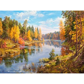 Diamond Painting Set, Picture with Motif River Landscape and Accessories, Size Approx. 35 x 25 cm, Craft Set for Painting with Rhinestones for Children from 5 Years