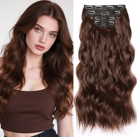 Clip in Hair Extensions 22 Inch Brown Wavy Hair Extensions 4Pcs Thick Synthetic Curly Clip in Extensions for Women # Chocolate Brown