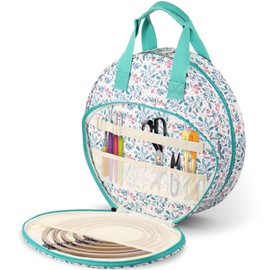 SOEWWEKLAX Embroidery Bag Organizer, Round Embroidery Project Bag with Handle & Multiple Pockets for Embroidery Hoops Floss Threads Stitch Tools (Lake Blove)
