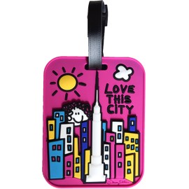 New York Luggage Tag NY Bright Pink Love This City Fun Face Large Heavy Duty Rugged Durable Travel Bag ID Tag