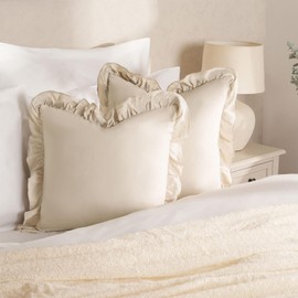 Highams Cushion Covers Faux Linen Frill, Throw Pillow Chair Soft Cushion Covers 45 x 45 Sofa Seat Cushions Luxury Decorative Sofa Cushions, 2 Pack Beige