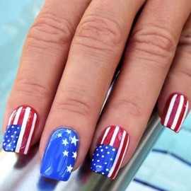 4th of July Nails Press ons Medium Square Press on Nails Independence Fake Nails National Flag Stars Design Red White Lines Design Blue Glue on Nails Artificial July 4th False Nails for Girls 24Pcs