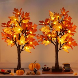 Haivlok 2 Pack Fall Maple Tree Fall Decorations for Home, Battery Operated 24" Tall 24 LED Lights Fall Tree with Timer for Party Tabletop Indoor Outdoor, Thanksgiving Gift Autumn Harvest Home Decor
