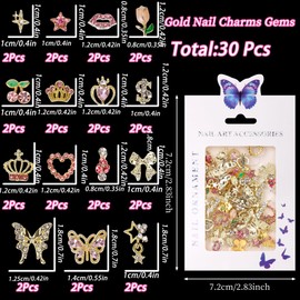 COOSLIM 30 Pcs 3D Y2K Nail Charms, Pink Cross Butterfly Star Cherry Heart Crown Nail Gems Charms, Bows Planet Nail Art Charms Rhinestones for Nail Art Design DIY Accessories C