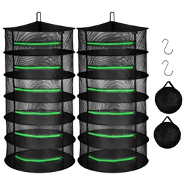 iPower 2ft 6-Layer Drying Rack Breathable Mesh Hanging Dryer with Zippers Foldable Heavy Duty Ring for Garden Plant, Free Storage Bag and Hook Included, 2 Pack, Black