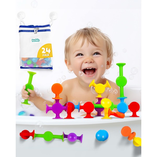 BUNMO Suction Bath Toys 24pcs | Connect, Build, Create |Bath Toy | Hours of Fun & Creativity | Stimulating & Addictive Sensory Suction Toy | Easter Basket Stuffers for Boys | Easter Gifts for Boys