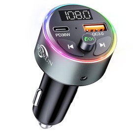 Bluetooth Adapter Car, SOARUN AUX Bluetooth 5.3 FM Transmitter Car Radio 54W (PD 36W & QC 3.0 18W) Metal Car Charger with Hands-Free USB Connection Car Kit, 9 RGB Light with Light Switch
