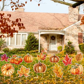Bencailor 12 Pcs Fall Yard Signs Pumpkin Maple Leaf Yard Stakes Fall Garden Sign Outdoor Decoration with Stakes Thanksgiving Harvest Lawn Decor for Home Autumn Party Favor Supplies