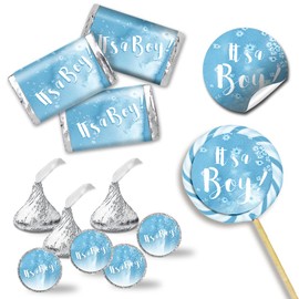 Blue Watercolor Boy Baby Shower Sticker Bundle Kit,429 pieces!!! Includes 60 2" Circle Stickers for Favors & Goodie Bags, 45 Mini Candy Bar Wrappers & 324 Round Candy Kiss Stickers by Amanda Creation