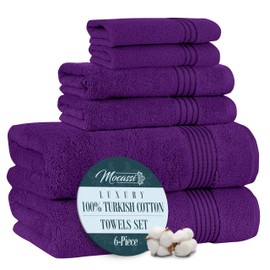 Mocassi Luxury 100% Turkish Cotton 6-Piece Towel Set - Ultra Soft, Quick Dry Highly Absorbent Premium Spa Hotel Quality Bath Towels, Includes 2 Bath Towels, 2 Hand Towels and 2 Washcloths, Purple