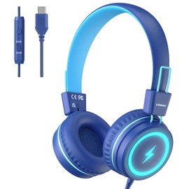 KONNAO Kinder Kopfhörer für Schule, USB Typ C Kinder Kopfhörer mit LED-Leuchten, verdrahtete Jungen Mädchen Kopfhörer mit Safe Limiter 85dB/94dB, Faltbare On Ear Kopfhörer mit Mikrofonen für Schule