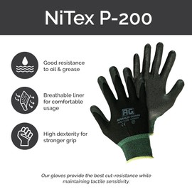 ADVANCED GLOVES – NiTex P-200 Nylon Nitrile Gloves, Breathable Nitrile Foam Coated Utility Gloves for Insulated Grip, Black, 3-Pair, Large