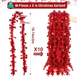 SHEPIN 10 x 2 m Tinsel Christmas Tree Garland, Christmas Tinsel Christmas Garland, Red with Stars, Tinsel Garland, Christmas Garland, Outdoor Tree Chain, Tree Decoration, Red Christmas Tree Garlands