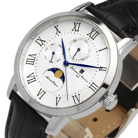 Salvatore Mara SM21106-SSWH Men's Wristwatch, Moon Phase, Multi Calendar, Waterproof, 5 ATM, Business & Formal Watch, Leather Strap, Silver, red, Classic