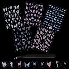 5D Embossed Butterfly Nail Stickers, 5 Sheets Tulip Flower Star Engraved Nail Decals Self-Adhesive Rhinestones Design Nail Supplies Pink Blue White Butterfly Stickers for Women Girls Nail Decorations