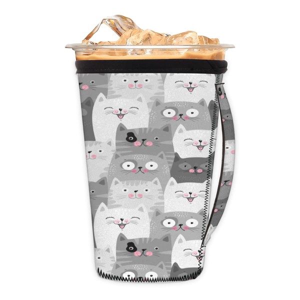 Kawaii Animal Kitten Reusable Iced Coffee Cup Sleeve with Handle Cute Cat Neoprene Ice Insulator Coffee Cup Sleeve Drink Holde Small 18-20 oz for Coffee Cups Beverages Water Bottle