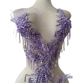 Jpumley.pksn Pure Handmade Rhinestones Beads Applique sew on Crystal Sequins lace Trim Patches Ostrich Feather Accessories for Dress Clothing Shiny Bead Decorative Material 15X9X30inches (Violet)