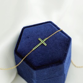 Gold on Sterling Silver Sideways Cross Green CZ Horizontal Pendant Necklace, One Size, Sterling Silver 18K Gold Cubic Zirconia, Cubic Zirconia