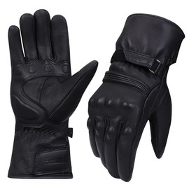 Harssidanzar Men Motorcycle Gloves Winter Genuine Leather Full Finger Touchscreen Thermal Lined with Thinsulate Waterproof Motorcycles Motorbike Riding Gloves KM048,Black, Size XS