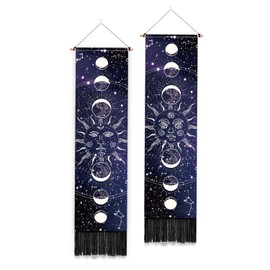 PLIGREAT 2 Pack Starry Sky Moon Phase Pattern Vertical Tapestry with Tassels Dark Blue Aesthetic Wall Hanging for Bedroom Living Room Office Home Decor Long Narrow Art Tapestry, 52" x 13"/130 x 33cm