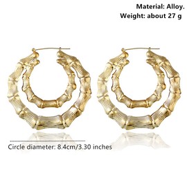 1 Pairs Large Bamboo Hoop Earrings for Women Gold Round Heart Hollow Geometric Hip-Hop Statement Hoop Earrings Oversized Jewelry (Round)
