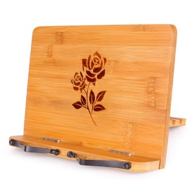 MEGREZ Bamboo Book Stand 11 x 8.0 inch, Foldable Cookbook Holder with 6 Adjustable Height, Reading Book Holder for Recipe, Music Book, Textbook, Tablet Stand, Rose
