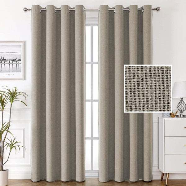 100% Blackout Faux Linen Curtains 84 inches Long Thermal Curtains for Living Room Textured Burlap Curtains with Double Face Linen Grommet Soundproof Bedroom Curtains 52 x 84 Inch, 2 Panels - Taupe
