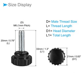 CoCud Knurled Clamp Knobs M6 x 20 mm Male Thread 21 mm Head Thermoset Plastic Thumb Screw Handle Bolt Buttons Black - (Applications: for Lathe) Pack of 4