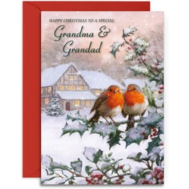 Grandma & Grandad Christmas Card - Two Robins - Medium Sized Card (A5 Size -148mm x 210mm) with Envelope
