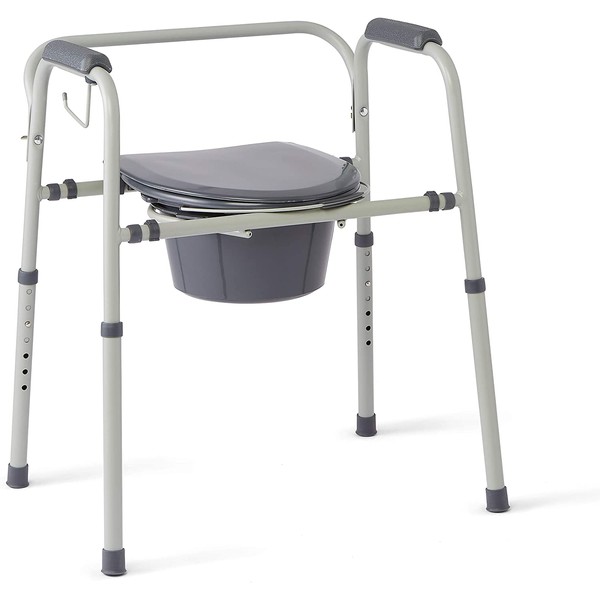 Medline Steel 3-in-1 Bedside Commode, Portable Toilet with Microban Antimicrobial Protection, Can be Used as Raised Toilet Seat Riser, Gray