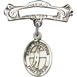 Sterling Silver Baby Badge with St. Sebastian/Volleyball Charm and Arched Polished Badge Pin 7/8 X 7/8 inches