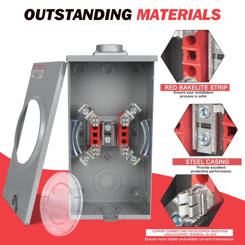200 Amp Meter Socket, 1 Phase 4 Jaw, 600V 3