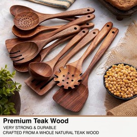 Wooden Spoons for Cooking -10 Pcs Cooking Utensils Set with Smooth Finish, Durable Teak Wood Kitchen Utensils Set, Nonstick Cooking Utensils, Lightweight, Heat-Resistant, Comfort Grip Kitchen Utensils