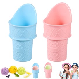2pcs Ice Cream Cone Scoop, Plastic Ice Cream Holder Mini Ice Cream Cup Reusable Ice Cream Cone Stand Display Rack for Kids, Birthday Party, Gift (Pink, Blue)