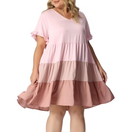 Agnes Orinda Women's Plus Size Babydoll Ruffle Short Sleeve Casual Loose Flowy Swing Hem Chambray V Neck Mini Dress 2X Pink