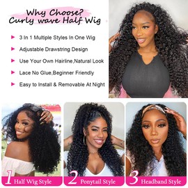 Jerry Curly Half Wig Human Hair 200 Density 3 In 1 Drawstring Seamless Flip Over Half Wigs 18 Inch Wear and Go Glueless Wigs Human Hair for Women Headband Wig Beginner Friendly Invisible Hairline