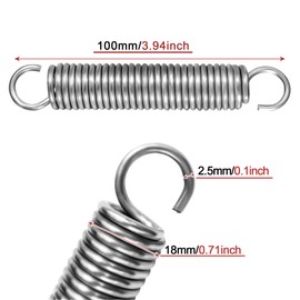 NICAVKIT Set of 4 Stainless Steel Tension Springs with Hooks, Tension Spring 100 mm Free Length, Outer Diameter 18 mm, Wire Diameter 2.5 mm, Maximum Tensile Force 13 kg - 2.5 x 18 x 100 mm