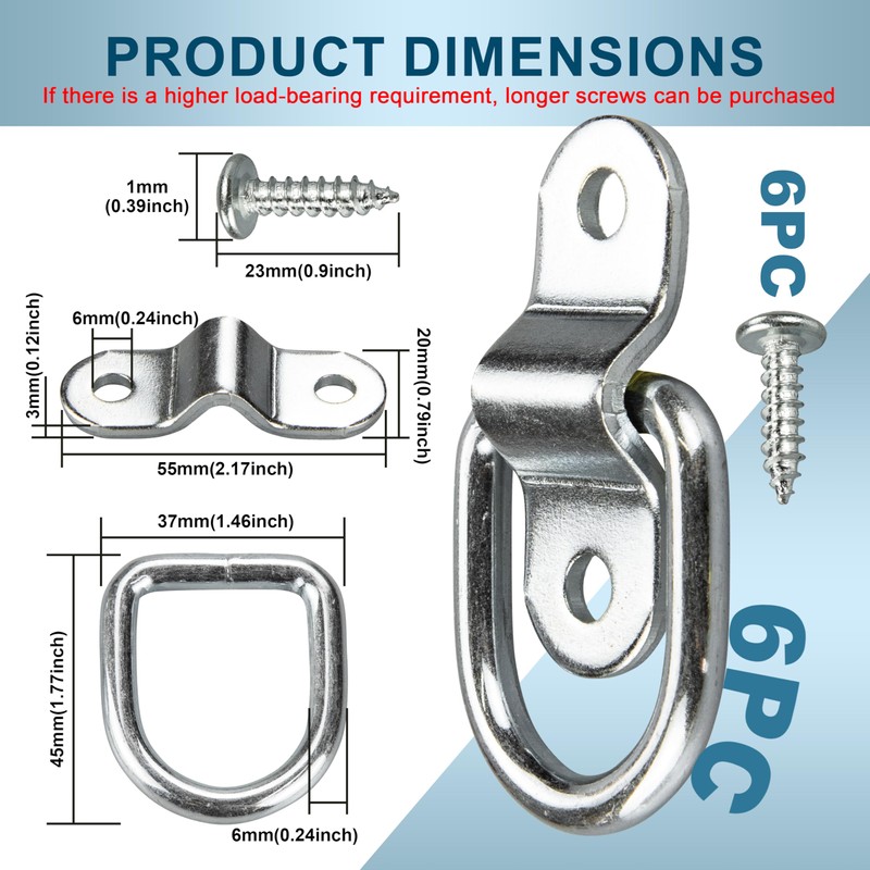 VEHIRIE 6 Pack D-Ring Tie Downs Anchors 1/4" Heavy Duty