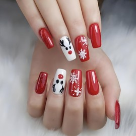24Pcs Christmas Press on Nails with Snowflake Elk Designs Red Glossy Full Cover Square Xmas Artificial Fake Nails Long Acrylic Winter Coffin False Nails with Glue Stick on Nails for Women Girls