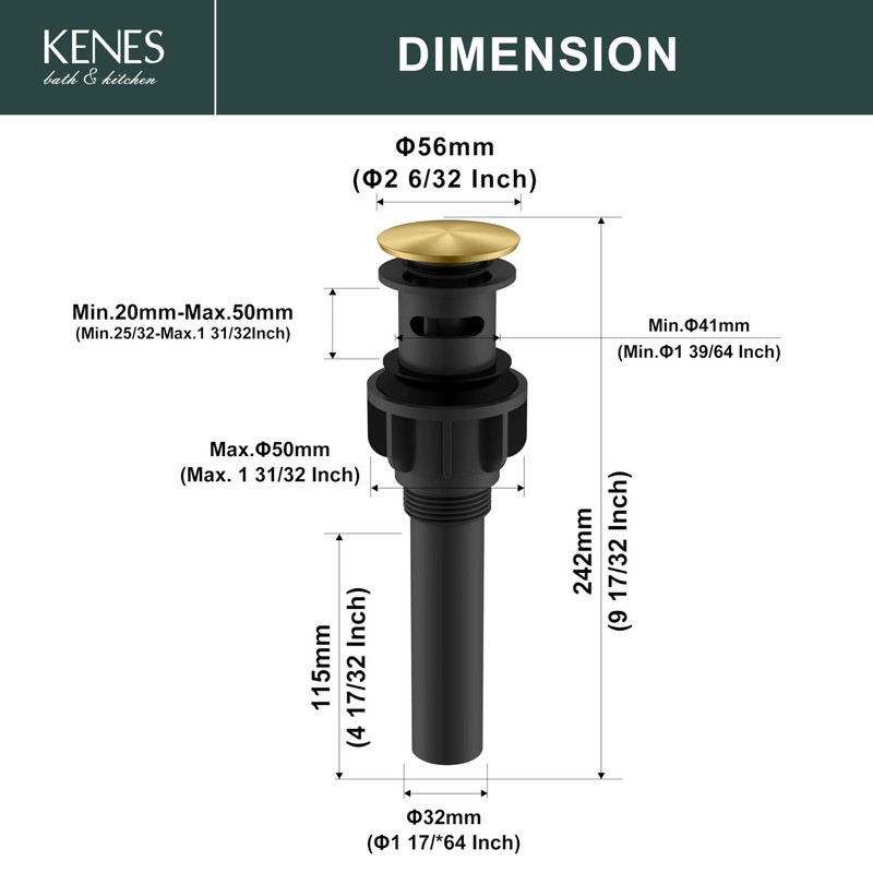 KENES Brushed Gold Pop Up Bathroom Sink Drain with Overflow,