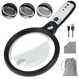 Large Magnifying Glass with 37 LED Light, 10X 20X 45X Handheld Illuminated Lighted Magnifier with 3 Light Modes Rechargeable Magnifying Glass for Seniors Reading, Inspection (Black & White)