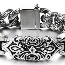 COOLSTEELANDBEYOND Mens Retro Style Steel Tribal Tattoo ID Identification Curb Chain Bracelet with Spring Clasp