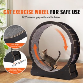 Happybuy Wooden Cat Exercise Wheel, 43.3" Large for Indoor Cats, Cat Running Wheel with Detachable Carpet & Cat Teaser for Running/Walking/Training, Suitable for Most Cats Black