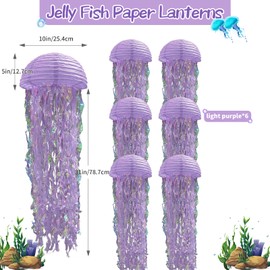 Jelly Fish Paper Lanterns, Under The Sea Party Decortions, 6pcs Lantern with Rope&Hooks for Mermaid Underwater World Ocean Themed Birthday Party Baby Shower Decor (Light Purple)