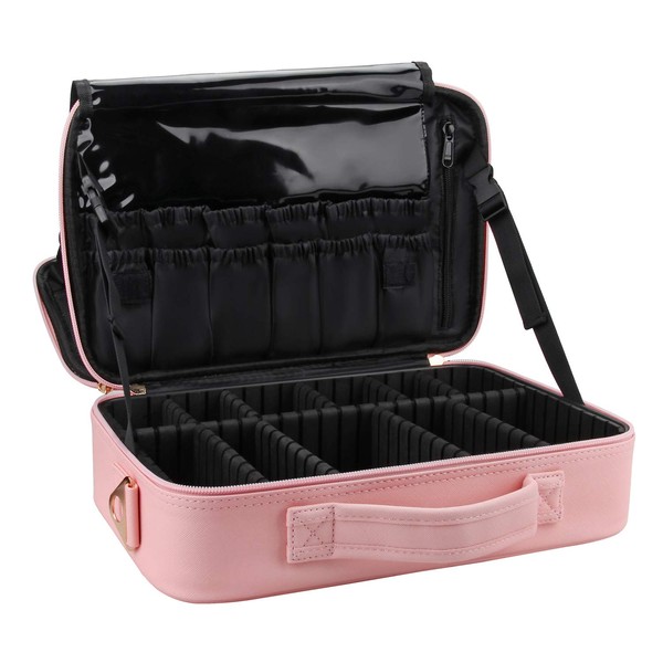 Relavel Makeup Bag Travel Makeup Train Case 13.8 inches Large Cosmetic Case Professional Portable Makeup Brush Holder Organizer and Storage with Adjustable Dividers and Shoulder Strap(Pink)