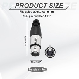 sourcing map 4pcs 4 Pin XLR Female Connector, Microphone Audio Cable Plug Mic Socket Accessories for Mixer, Power Amplifier, Silver-2.72 inch