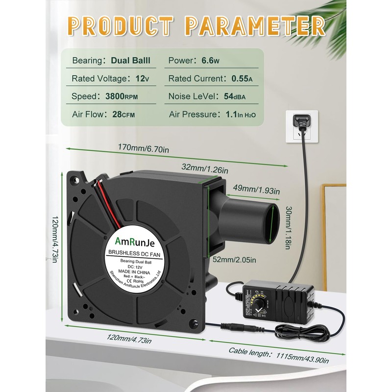 AmRunJe 120mm BBQ 12V Blower Fan with 110v-240v AC Plug