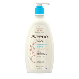Aveeno Baby Loción corporal hidratante diaria para pieles sensibles, loción hidratante hipoalergénica para bebés con avena nutritiva para hidratar profundamente la piel del bebé, sin fragancia, 18